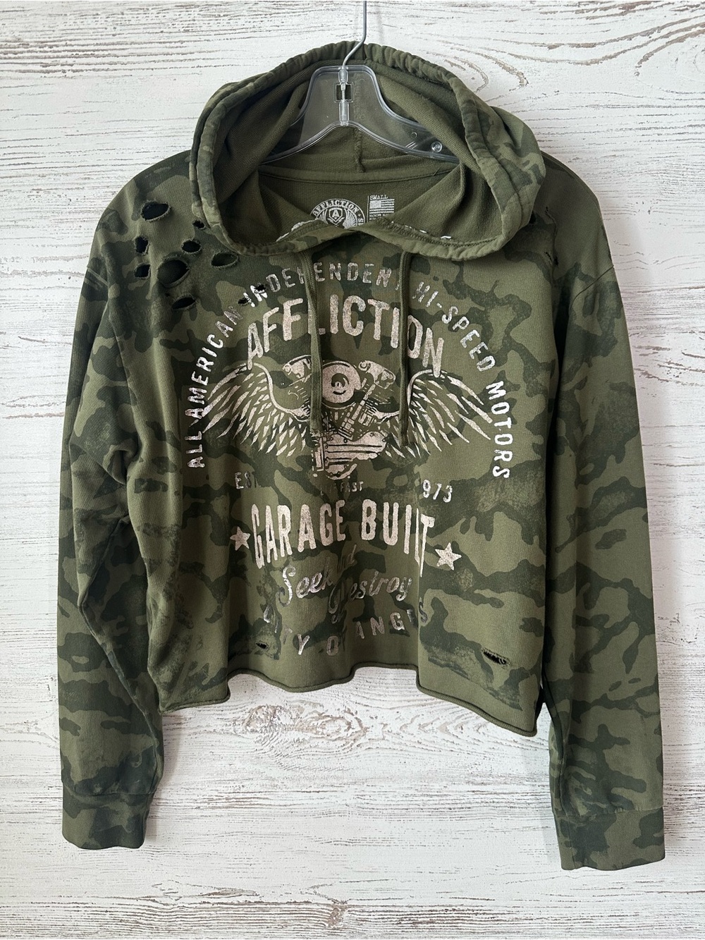 AFFLICTION Women’s Cropped Camo Garage Built Motorcycle Metallic Graphic Hoodie